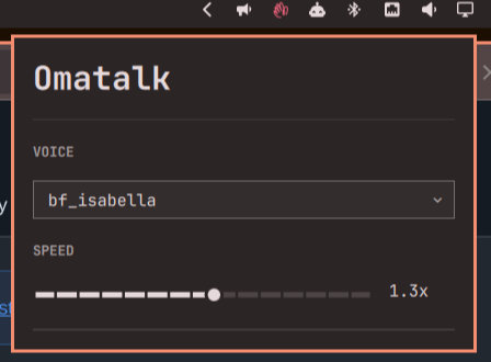 Omatalk's voice and speed config panel, opened from the bar icon